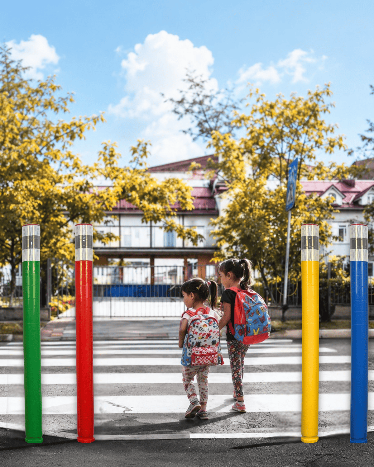 4 colourful Penflex bollards outside of a primary school.